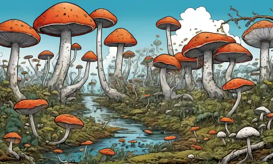 La ilustración de la red de hongos, explicando el concepto de simbiosis con ejemplos ecológicos.