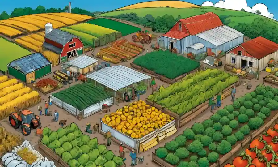 Una persona rodeada de conceptos agrícolas sostenibles en medio de mapas de fondo que muestran impacto climático en los sistemas alimentarios.