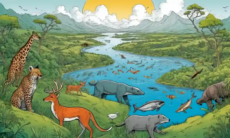 Ilustración de especies interconectadas en la naturaleza con citas y datos que los rodean.