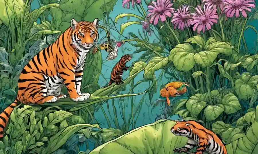 Ilustraciones de varias relaciones simbióticas entre plantas y animales.