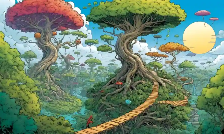 Elementos interconectados de la naturaleza, como árboles y microorganismos, formando un equilibrio armonioso.