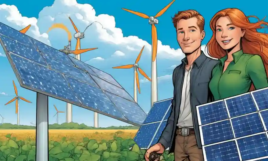 Imágenes interconectadas de relaciones simbióticas exitosas en producción de energía limpia, como paneles solares y turbinas eólicas.
