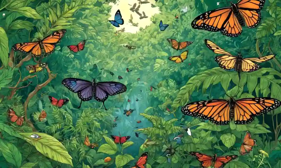 Insectos, aves y árboles entrelazados en un exuberante follaje.