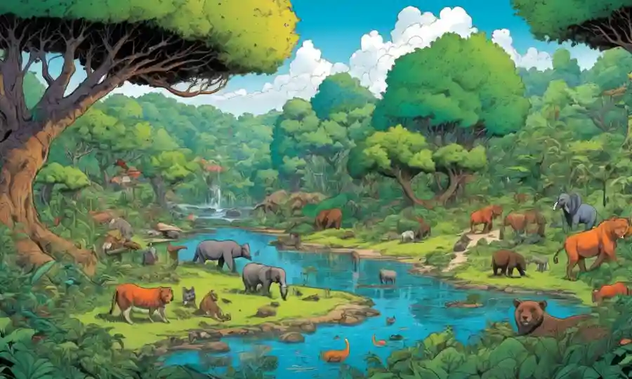 Un ecosistema diverso en armonía, con árboles, animales y humanos que viven juntos en medio de una vegetación exuberante.