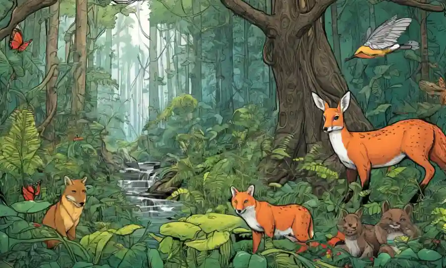 Ilustraciones de plantas y animales interconectados en un ecosistema forestal.
