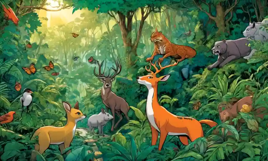 Una escena armoniosa de plantas y animales interconectados en un bosque exuberante.