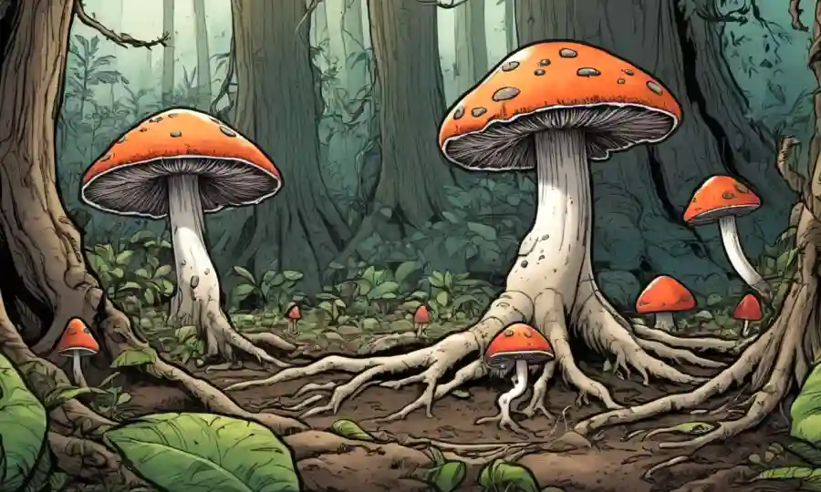Fungi creciendo entre las raíces de las plantas en un ecosistema forestal.
