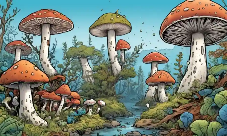 Varias especies de hongos interactuando con otros microorganismos en diferentes ambientes.