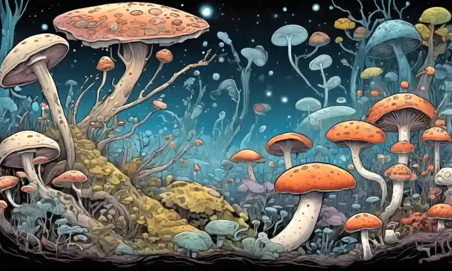 Un microscopio muestra hongos y bacterias en la simbiosis, rodeados de diagramas ecológicos.