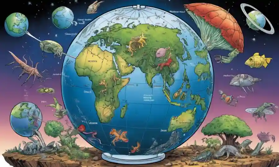 Diagramas científicos que ilustran relaciones simbióticas entre organismos vivos en un globo que representa un planeta saludable.