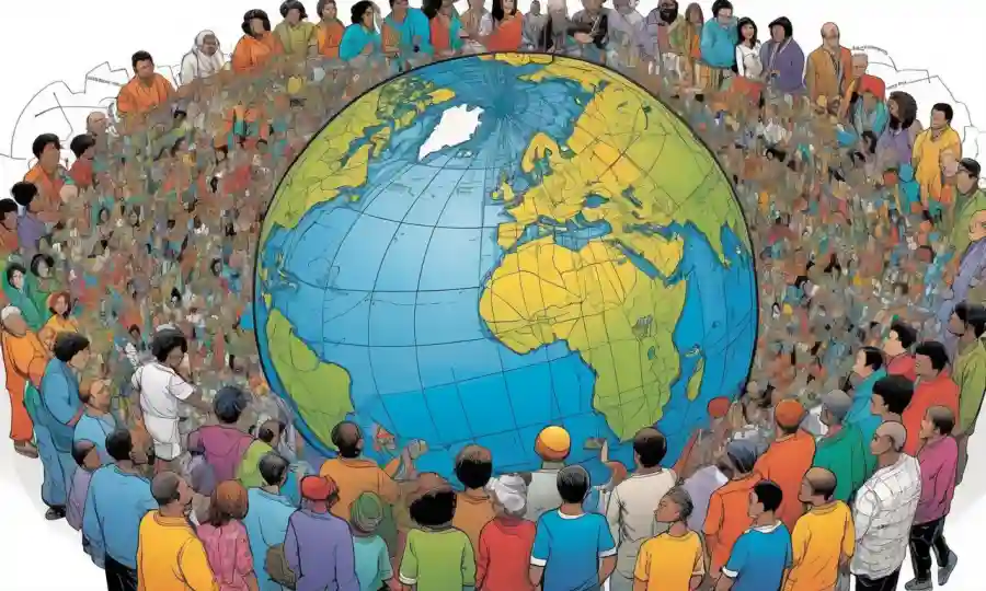 Gente de diversos orígenes se reunieron alrededor de diagramas y diagramas interconectados que rodean un globo estilizado.