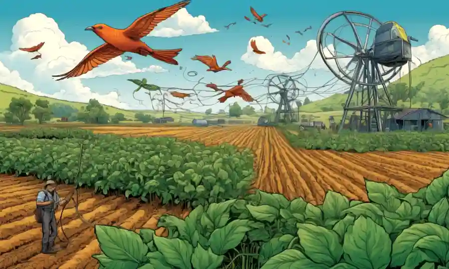 Una ilustración conceptual de sistemas ecológicos interconectados que fomentan la simbiosis en la producción agrícola.