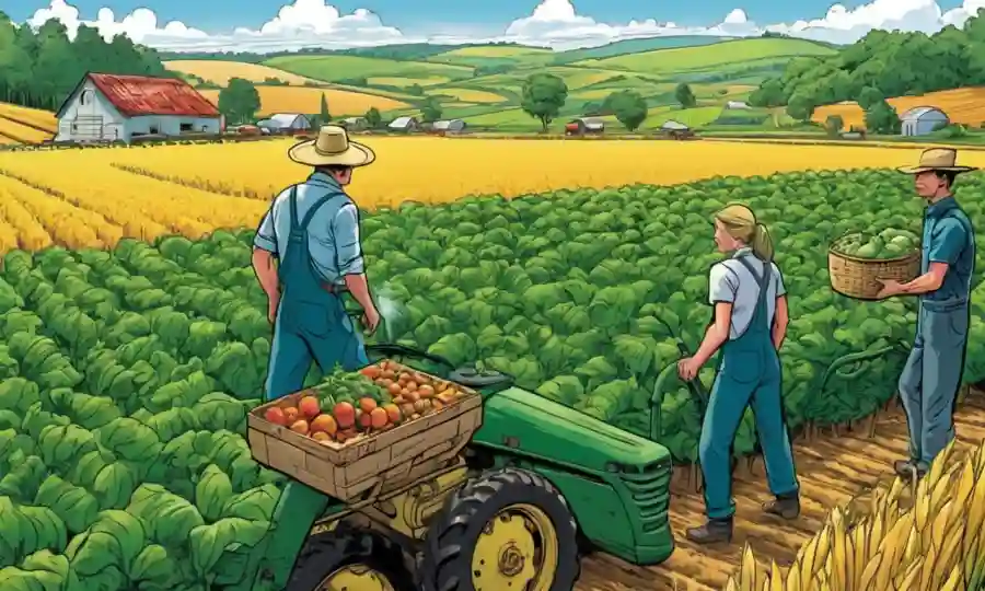 Los agricultores que observan sistemas agrícolas armoniosos en medio de campos verdes exuberantes y diversos cultivos.