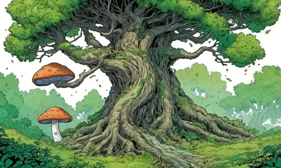 Dos árboles entrelazando con hongos, en medio del exuberante follaje verde.