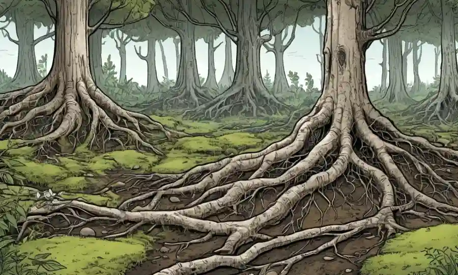 Ilustraciones de raíces de árboles y redes fúngicas en medio del paisaje forestal.