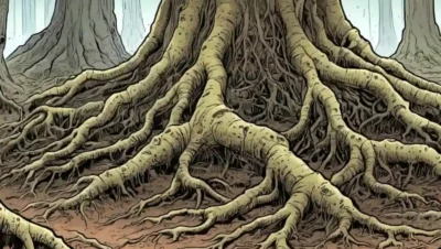 Cerca de raíces de árboles rodeadas de micelio