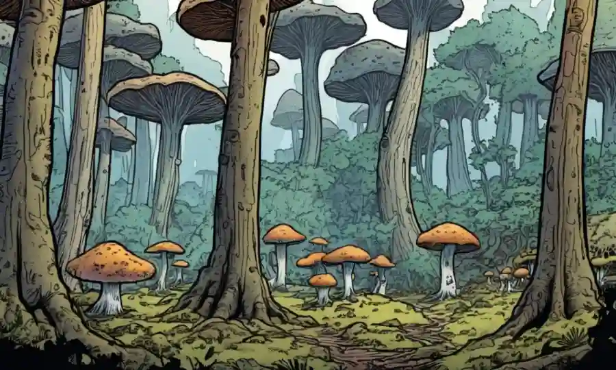 Árboles rodeados de micelio hongo en un ecosistema forestal.