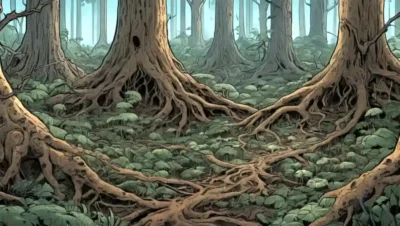 Redes fúngicas que conectan las raíces de los árboles en un paisaje forestal.