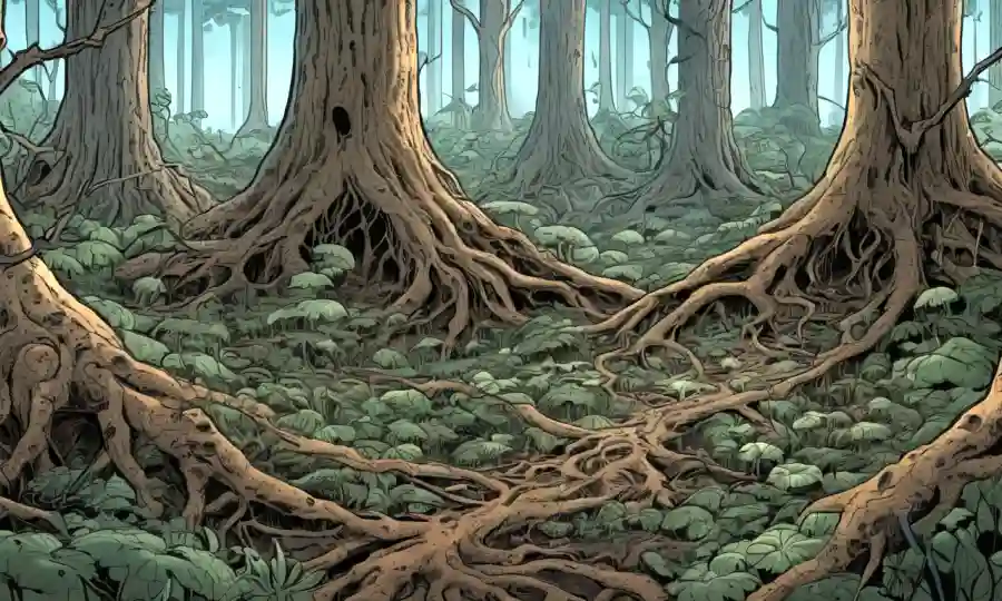 Redes fúngicas que conectan las raíces de los árboles en un paisaje forestal.