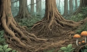 Imagen que ilustra la relación simbiótica entre el micelio y las raíces vegetales en un ecosistema forestal.