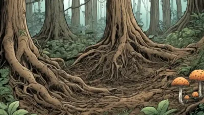 Imagen que ilustra la relación simbiótica entre el micelio y las raíces vegetales en un ecosistema forestal.