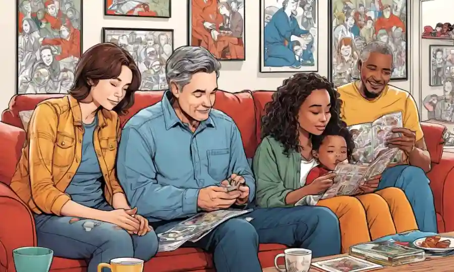 Una familia reunida, rodeada de ilustraciones de actividades de unión y conexiones emocionales.