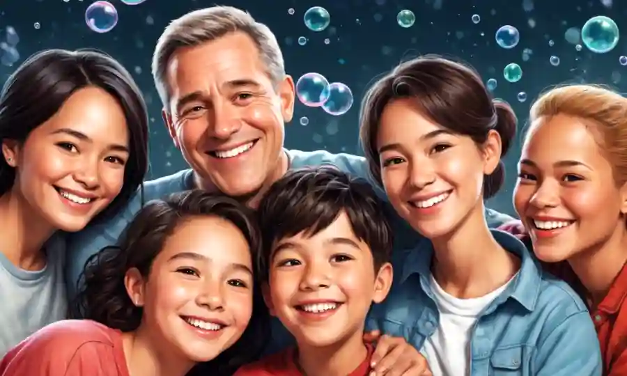 Una familia sonriendo y abrazando, rodeada de burbujas que representan conexiones positivas.