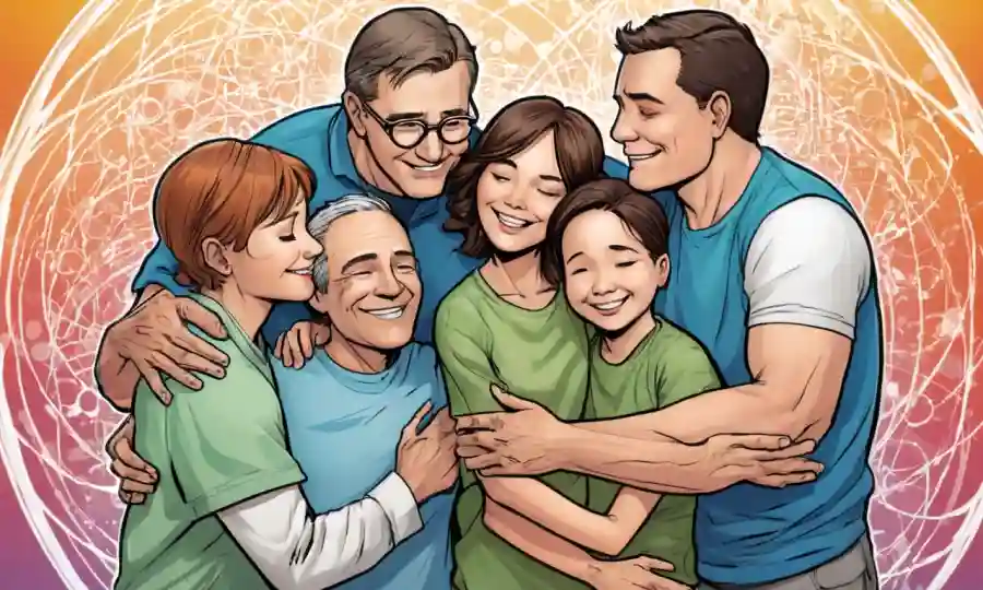 Los miembros de la familia se abrazan entre círculos interconectados