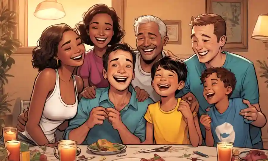 Miembros de la familia interconectados rodeados de cálida iluminación y risas.