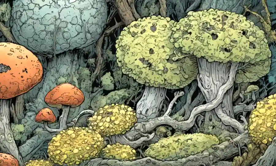 Un disparo de liquens y hongos entrelazados en la naturaleza.