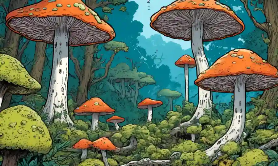 Vibrant hongos y colonias de liquen creciendo en árboles en un bosque exuberante.