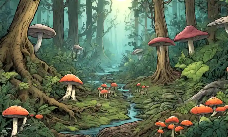 Una exuberante escena forestal con varios tipos de hongos conectados a raíces vegetales.