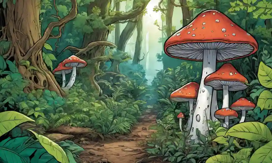 Entwined fungi and plants surrounded by lush greenery in a forest setting.