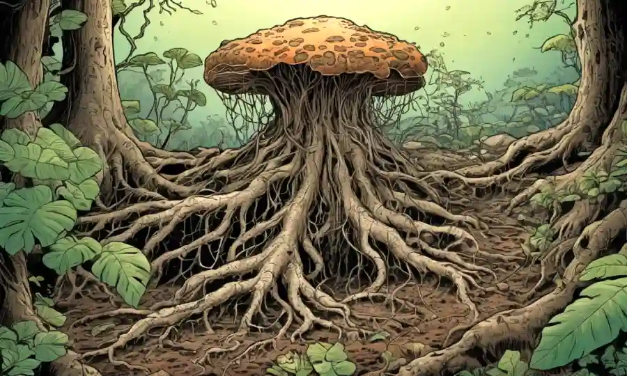 Ilustración de hongos interconectados y raíces vegetales en un entorno natural.