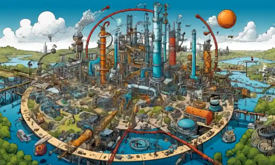 Ecosistema de simbiosis industrial con flechas circulares y diversas industrias interconectadas.