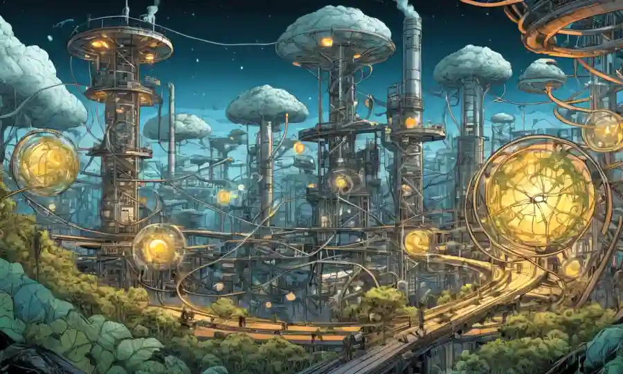Concepto de simbiosis industrial presentado a través de círculos interrelacionados parecidos a las conexiones de los ecosistemas, ejemplos y aprendizajes clave en el fondo.