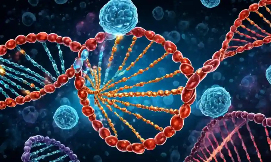 Las células y la estructura de doble helix ADN se fusionan para representar la fusión entre la medicina y los avances en salud humana.