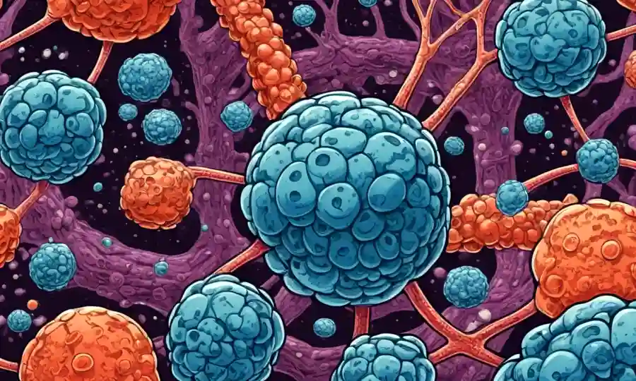 Microorganismos interactuando en armonía con las células humanas para representar la conexión entre simbiosis y tratamientos médicos innovadores.