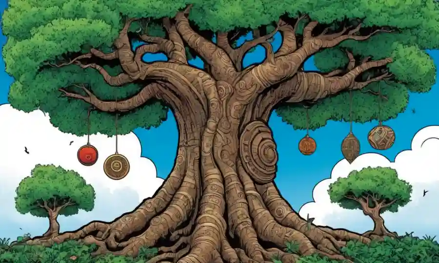 Imágenes y artefactos de diferentes culturas alrededor de un árbol o formas interconectadas que simbolizan la armonía.