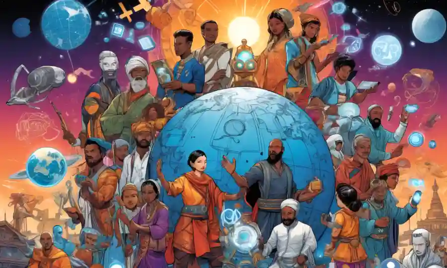 Un grupo diverso de personas de diferentes culturas interactuando digitalmente, rodeado de símbolos e iconos que representan la fusión tecnológica con prácticas tradicionales.