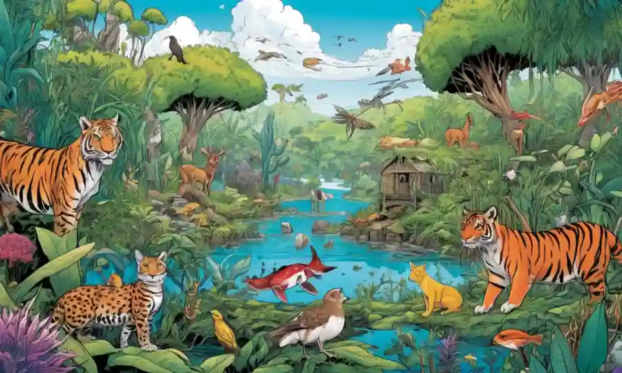 Diversos ecosistemas vibrantes con varios animales y plantas en relaciones simbióticas armoniosas.