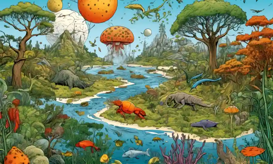 Ilustración de diferentes organismos interactuando mutuamente, rodeados de diagramas ecológicos y textos científicos.