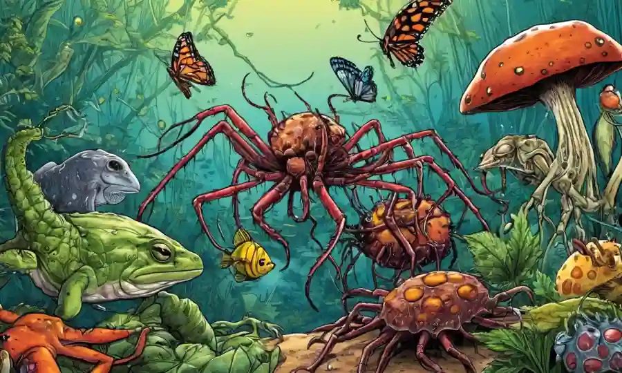 Ilustraciones de varias relaciones simbióticas entre diferentes organismos en la naturaleza.