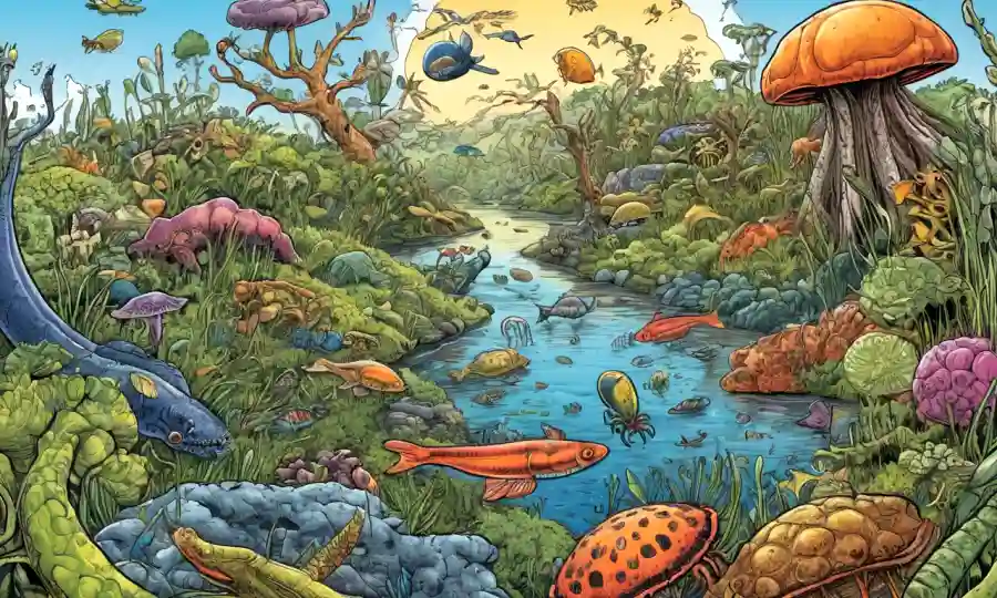 Dibujos entrelazados de organismos ecológicos que destacan la simbiosis mutua.