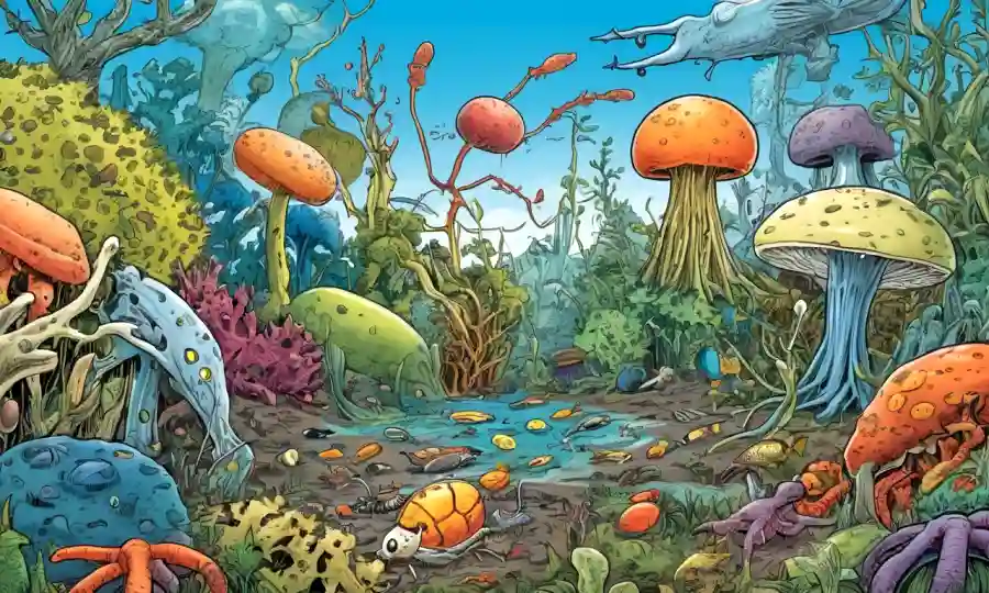 Microorganismos y organismos de diferentes especies interactuando en un solo ecosistema.