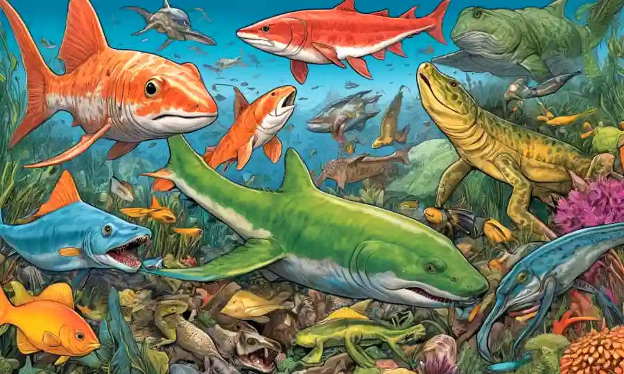Las ilustraciones coloridas de las especies coexisten juntas