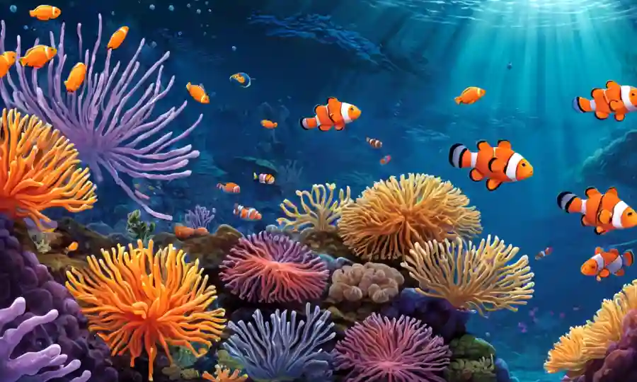Ilustraciones de diferentes relaciones simbióticas, como arrecifes de coral o pez payaso con anémonas marinas.
