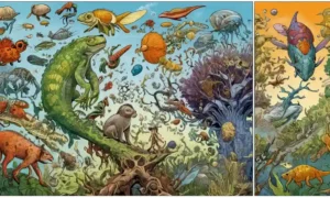 Ilustraciones que muestran la evolución de las formas de vida en diferentes épocas