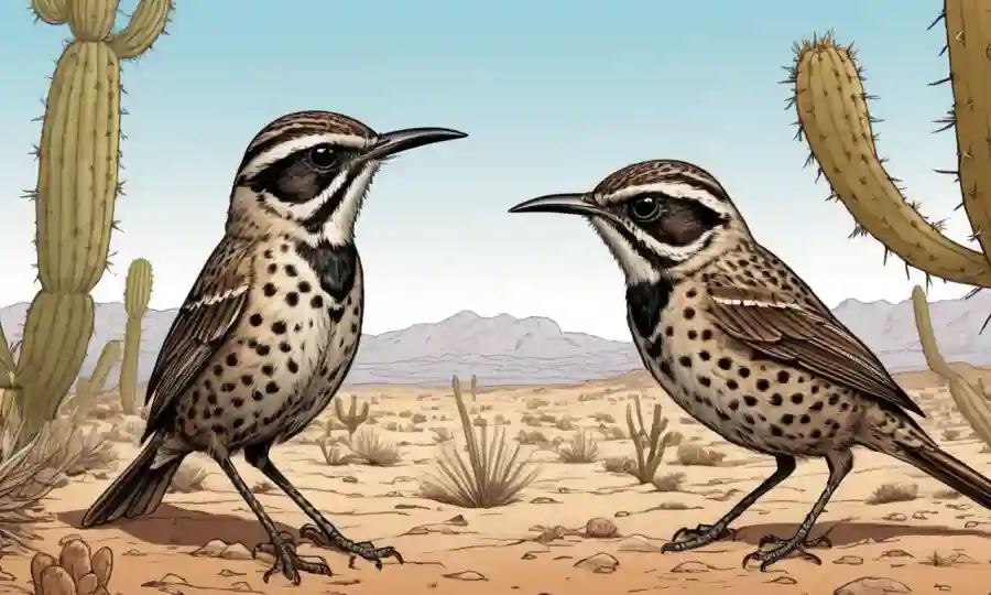 Ilustración de criaturas del desierto como cactus wren o insectos que interactúan entre sí en medio de vegetación seca.