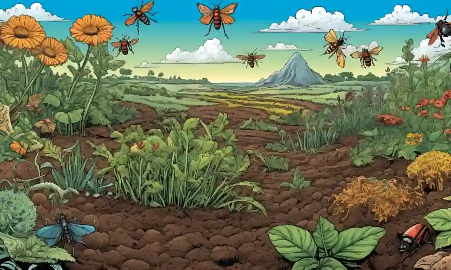 Una imagen paisajística que representa la biodiversidad del suelo, combinando plantas, insectos y microorganismos.